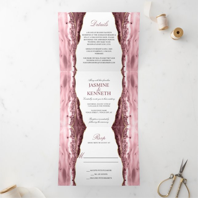 Invitation Trois Volets Pink & Gold Agate sur Mariage blanc (Intérieur)