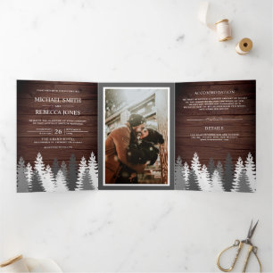Invitation Trois Volets Pins couverts de neige Mariage de forêt rustique