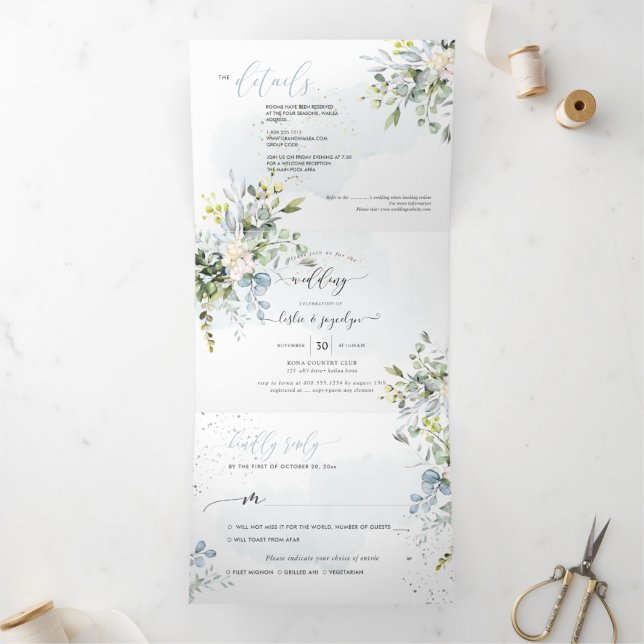 Invitation Trois Volets PixDezines Elégant Dusty Blue Eucalyptus (Intérieur)