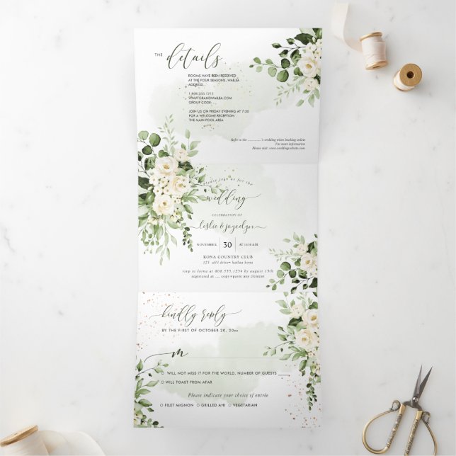 Invitation Trois Volets PixDezines Rustique Eucalyptus Albâtre Roses Tri-F (Intérieur)