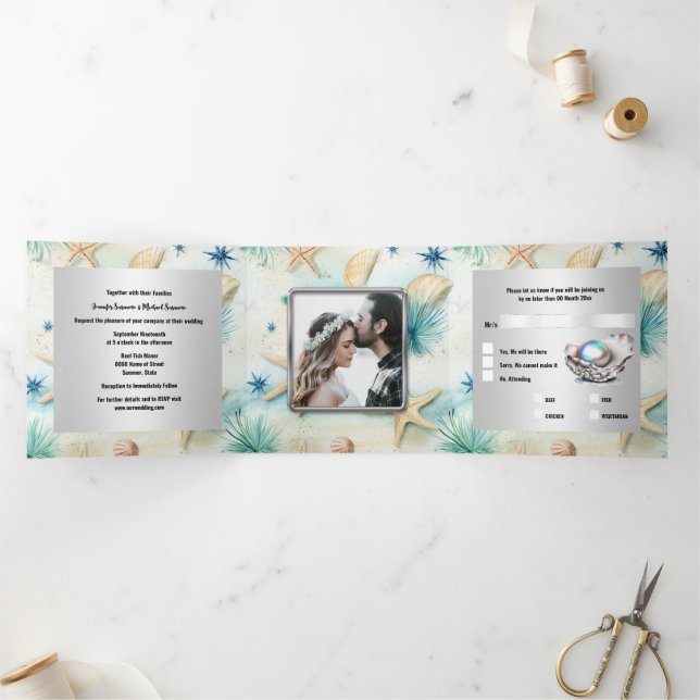 Invitation Trois Volets Plage sable mer vagues coquillages nautique chic (Intérieur)