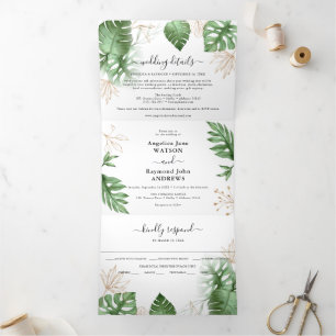 Invitation Trois Volets Plage tropicale Foliage & Gold Mariage élégant