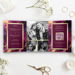 Invitation Trois Volets Plum Purple Gold Fluid Ink QR Code Mariage