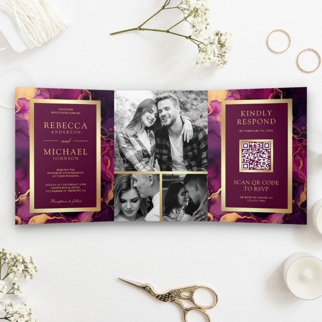 Invitation Trois Volets Plum Purple Gold Fluid Ink QR Code Mariage (Créateur téléchargé)