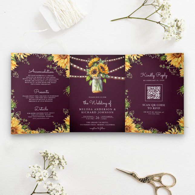 Invitation Trois Volets Plum Purple Sunflowers Mason Jar QR Code Mariage (Créateur téléchargé)
