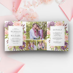 Invitation Trois Volets Plum rustique pourpre violet rose pâle Mariage flo