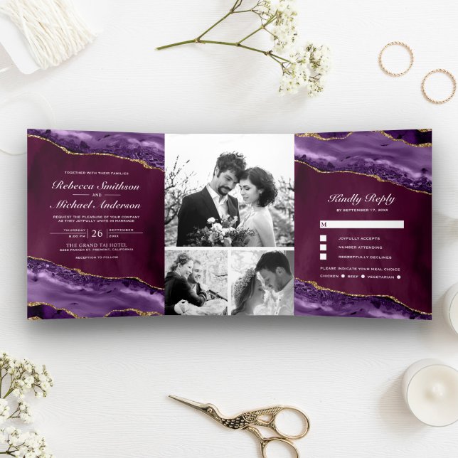 Invitation Trois Volets Plum, violet et or Agate Photo Collage Mariage (Créateur téléchargé)