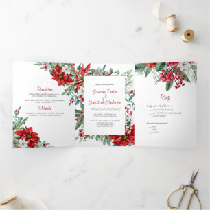 Invitation Trois Volets Poinsettias rouges, Holly, Mariage de Noël des bai