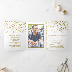 Invitation Trois Volets Point Polka blanc & or, Suite Baby shower