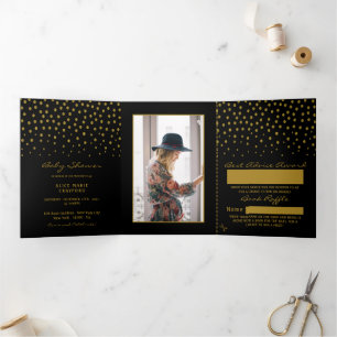 Invitation Trois Volets Point Polka Noir & Or, Suite Baby shower