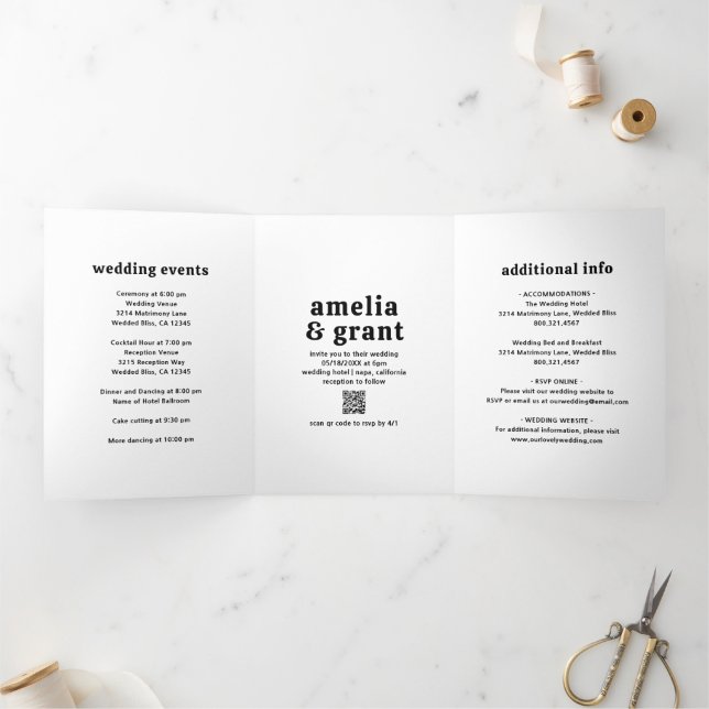 Invitation Trois Volets Police rétro noir et blanc Code QR Mariage photo (Intérieur)