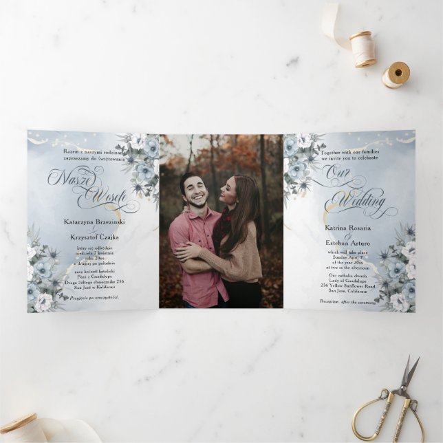 Invitation Trois Volets Polonais Anglais Niebieskie Kwiaty Fleurs Bleues (Intérieur)