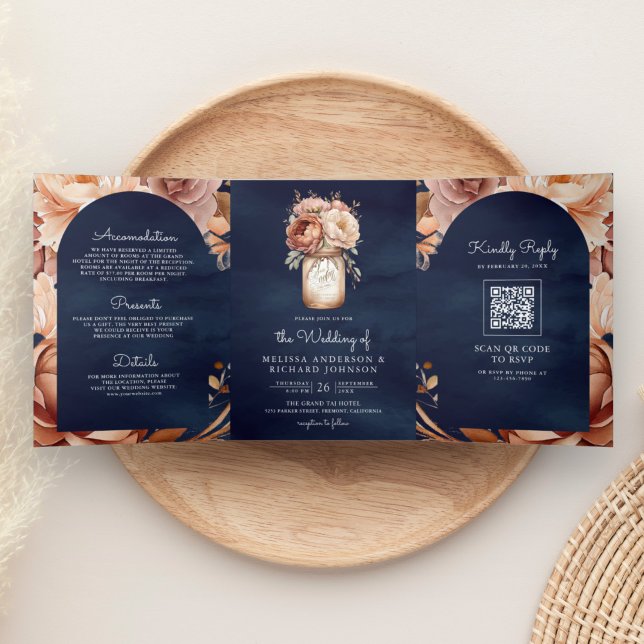 Invitation Trois Volets Pot de fleurs en terre cuite Navy Code QR Mariage (Créateur téléchargé)