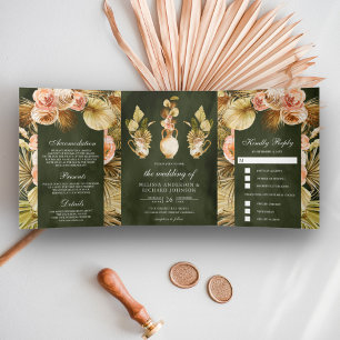 Invitation Trois Volets Pots de fleurs terreux séchés vert olive pour mari