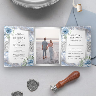 Invitation Trois Volets Poussière de feuille d'argent Fleurs bleu marbré P