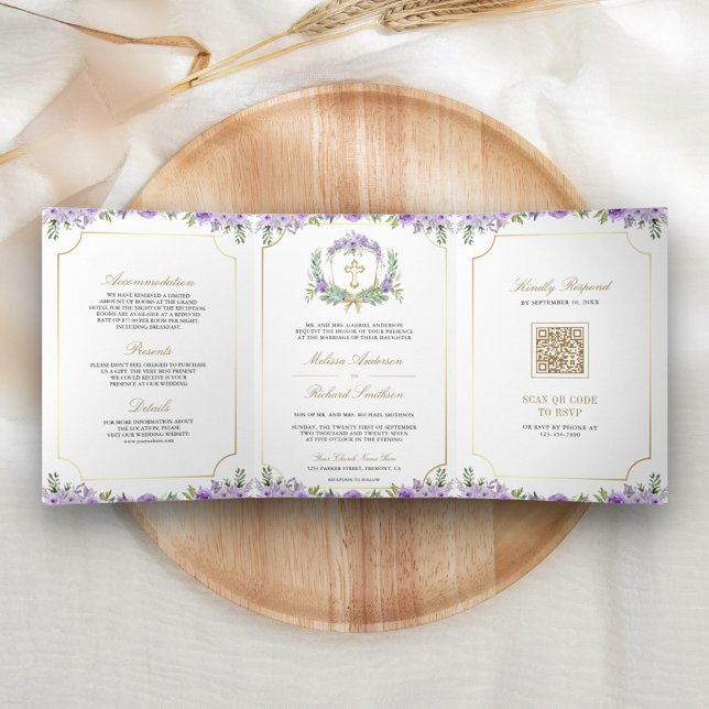 Invitation Trois Volets Purple Floral Gold Croix catholique QR Code Mariag (Créateur téléchargé)