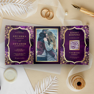 Invitation Trois Volets Purple Galaxy Gold Mandala QR Code Mariage indien