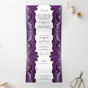 Invitation Trois Volets Purple & Gold Agate sur Mariage blanc
