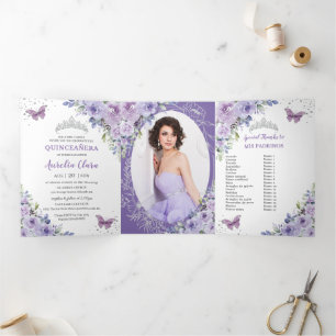 Invitation Trois Volets Purple Lilac Floral Argent Quinceañera 15 Photos