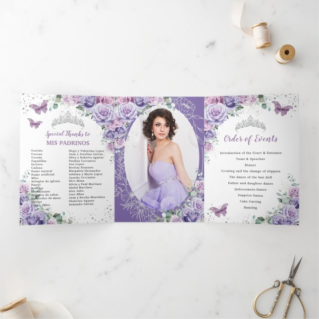Invitation Trois Volets Purple Lilac Floral Argent Quinceañera 15 Programm (Intérieur)