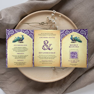 Invitation Trois Volets Purple Paisley Indian Peacock QR Code Mariage