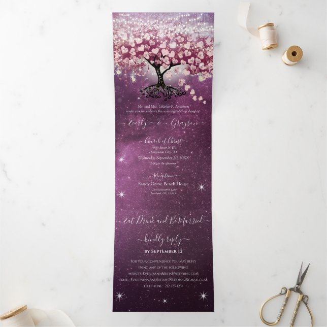 Invitation Trois Volets Purple rose Bourgogne Vin Coeur feuille Mariage (Intérieur)