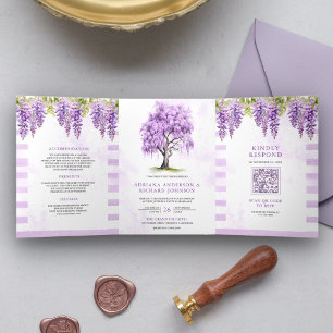 Invitation Trois Volets Purple Wisteria Floral Tree Photo QR Code Mariage