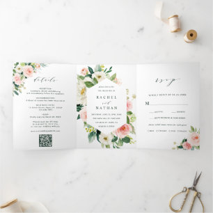 Invitation Trois Volets QR Code Blush White Bloom Floral Mariage