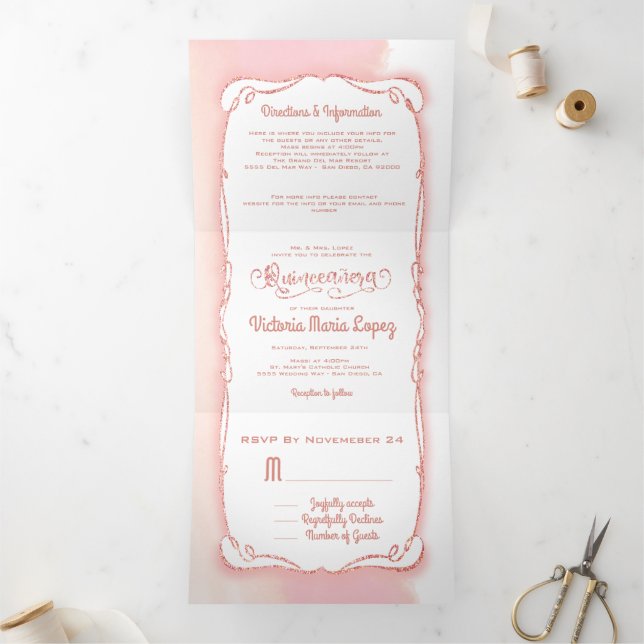 Invitation Trois Volets Quinceanera Rose Gold Parties scintillant mexicain (Intérieur)