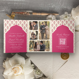 Invitation Trois Volets Rani Crème rose Ikat All in One Mariage indien
