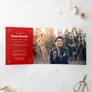 Invitation Trois Volets Red Edgy Abstrait Brushstroke Photo Graduation