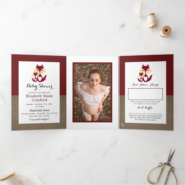 Invitation Trois Volets Red Fox Burlap, Suite Baby shower (Intérieur)