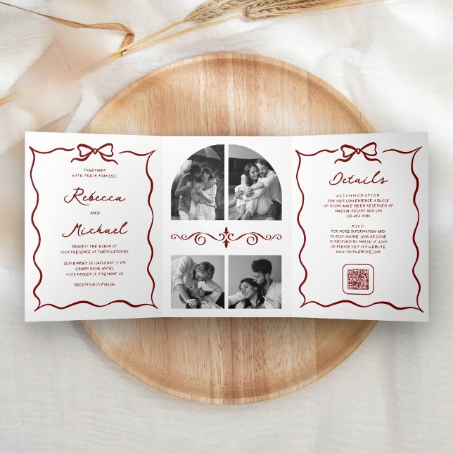 Invitation Trois Volets Red Hand Drawn Bow QR Code Photo Wedding (Créateur téléchargé)