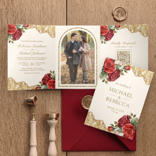 Invitation Trois Volets Red Roses Gold Lace Cream QR Code Mariage photo