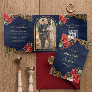 Invitation Trois Volets Red Roses Gold Lace Marine QR Code Mariage photo