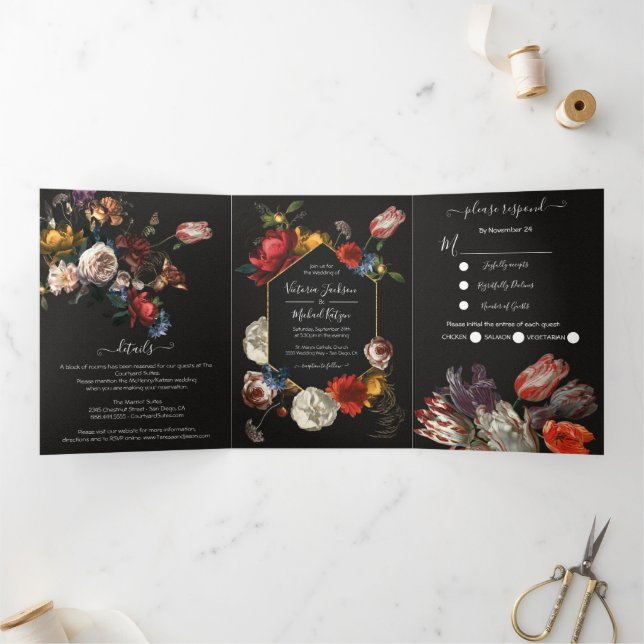 Invitation Trois Volets Rembrandt Floral Dark & Moody Mariage (Intérieur)