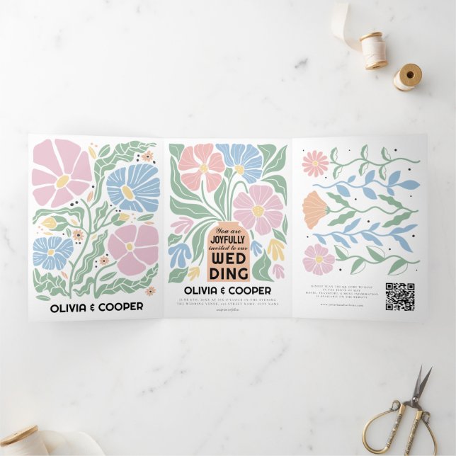 Invitation Trois Volets Retro Boho Chic Abstrait Floral Détails du Mariage (Intérieur)