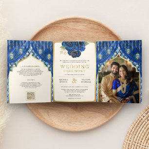 Invitation Trois Volets Rideau floral bleu or mariage indien hindou