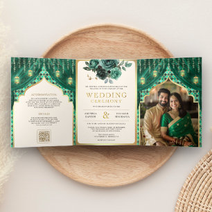 Invitation Trois Volets Rideau floral or émeraude Mariage indien hindou