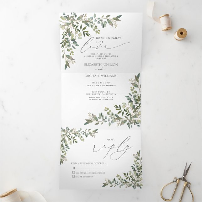 Invitation Trois Volets Rien de fantaisie Juste Amour Eucalyptus Mariage d (Intérieur)