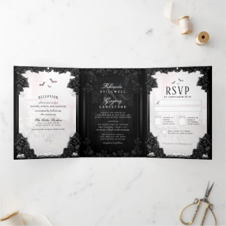 Invitation Trois Volets Romance gothique Halloween noir et blanc