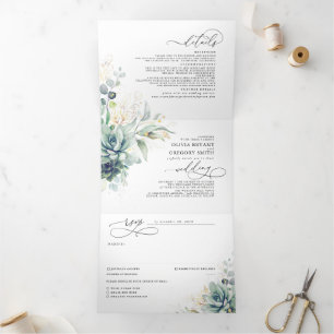 Invitation Trois Volets Romantique Elegant Gold Succulents Mariage de verd