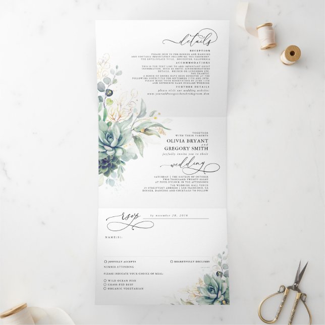 Invitation Trois Volets Romantique Elegant Gold Succulents Mariage de verd (Intérieur)