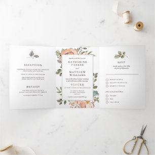 Invitation Trois Volets Romantique Sketchbook Florals All-In-One Mariage