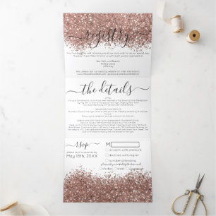 Invitation Trois Volets Rose Chic Gold White Parties scintillant Registre