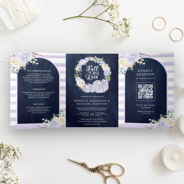 Invitation Trois Volets Rose de lavande Citrouille QR Code Marine Mariage  (Créateur téléchargé)