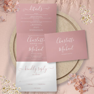 Invitation Trois Volets Rose Dusty Elegant Script Monogram Mariage