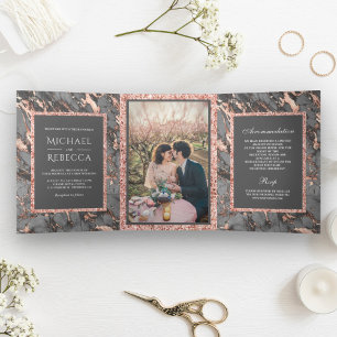 Invitation Trois Volets Rose en marbre gris acier Parties scintillant or M