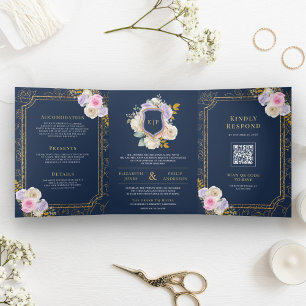 Invitation Trois Volets Rose Florale Violet Tout en Un Crête Navy Mariage