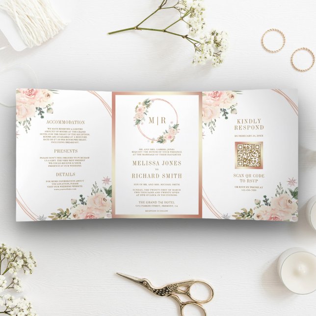 Invitation Trois Volets Rose Gold Blush Rose Florale Code QR Mariage (Créateur téléchargé)